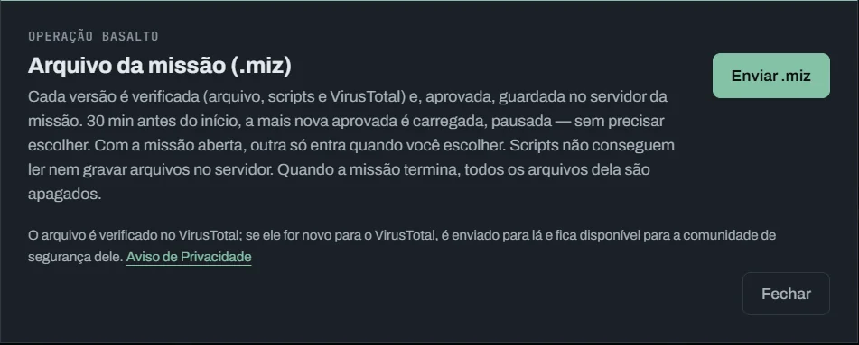Janela Arquivo da missão (.miz) com o botão Enviar .miz e o que acontece com cada versão