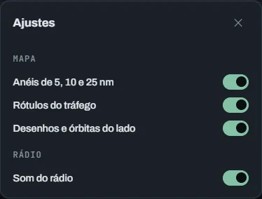Ajustes do ATC: anéis de 5, 10 e 25 nm, rótulos do tráfego, desenhos e órbitas do lado, e som do rádio