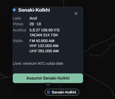 Balão de Senaki-Kolkhi: lado Azul, pistas 28 e 10, ILS e TACAN, rádio FM, VHF e UHF, "Livre: nenhum ATC cuida dele" e Assumir Senaki-Kolkhi