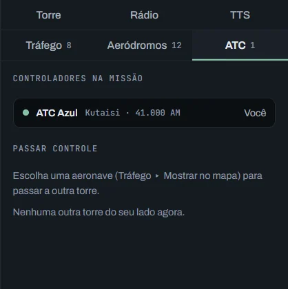Aba ATC: os controladores na missão — o ATC Azul em Kutaisi (você), com as frequências — e Passar controle