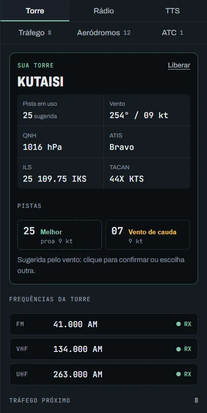 Aba Torre: Sua torre Kutaisi com a pista 25 sugerida, vento, QNH, ATIS, ILS e TACAN; as pistas 25 (Melhor) e 07 (Vento de cauda); as frequências da torre e o tráfego próximo