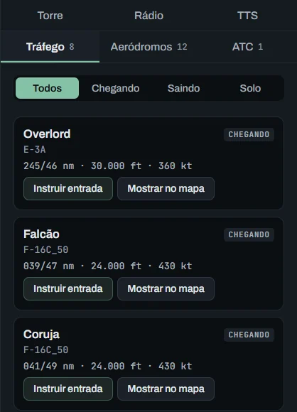 Aba Tráfego: as aeronaves chegando, cada uma com radial, distância, altitude e velocidade, a autorização da fase (como Instruir entrada) e Mostrar no mapa