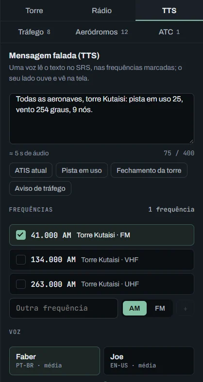 Aba TTS: o texto preenchido por Pista em uso, os atalhos ATIS atual, Pista em uso, Fechamento da torre e Aviso de tráfego, a frequência da torre marcada, outra frequência e a voz