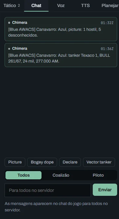 Aba Chat do AWACS com um picture e um vetor para o tanker, os atalhos e os botões Todos, Coalizão e Piloto