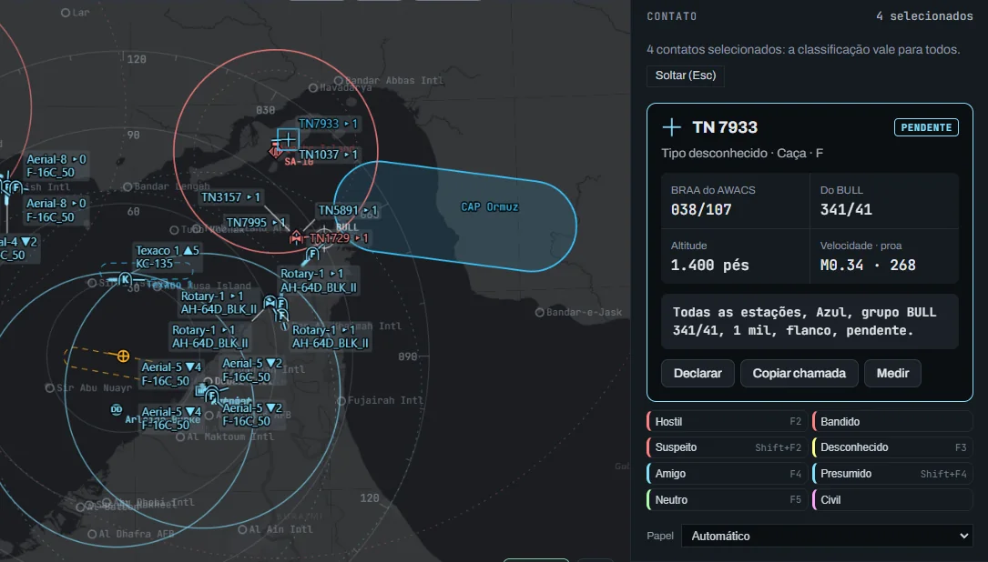Radar com 4 contatos selecionados, cada um num quadro, e o painel com "4 contatos selecionados: a classificação vale para todos" e Soltar (Esc)