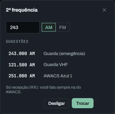 Editor da segunda frequência com 243 AM, as sugestões e os botões Ouvir e Desligar