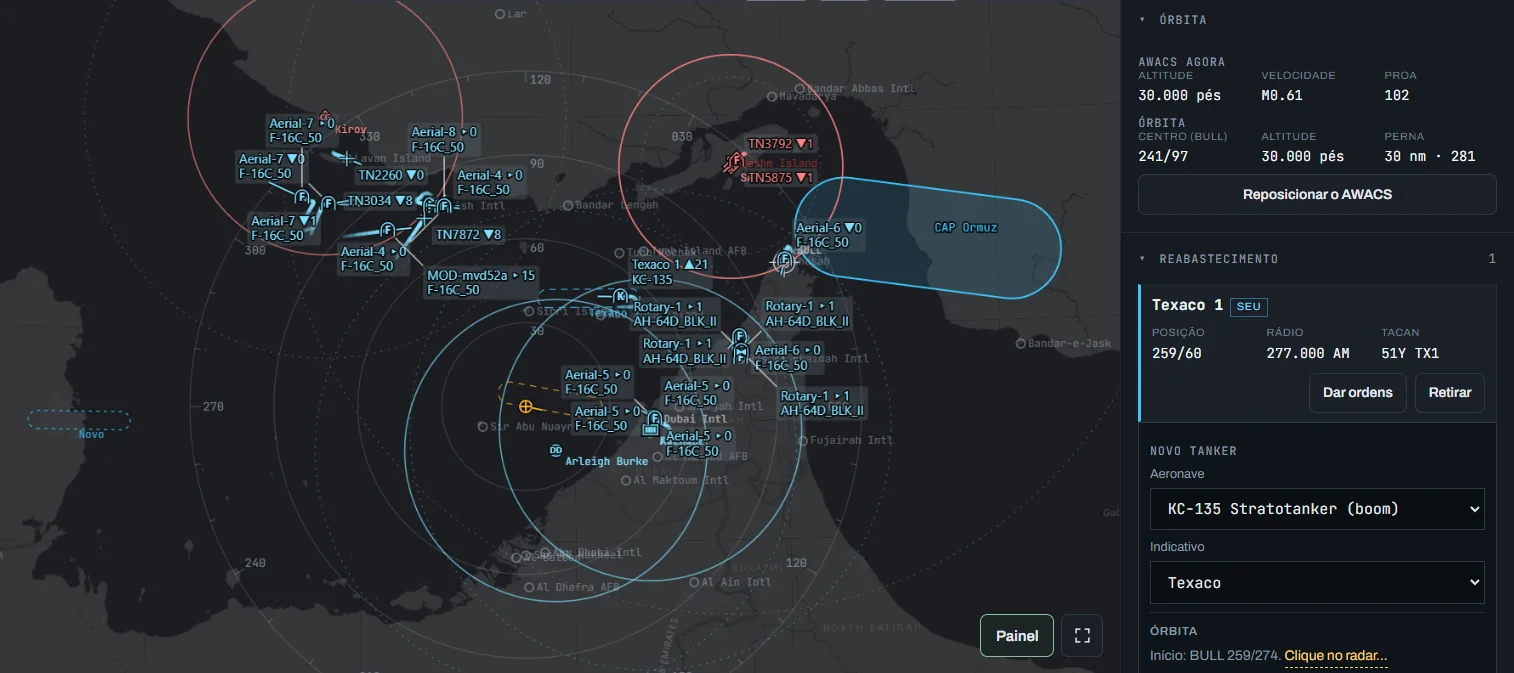 Formulário Novo tanker (KC-135 com boom, indicativo Texaco, a órbita) e a órbita "Novo" desenhada no radar