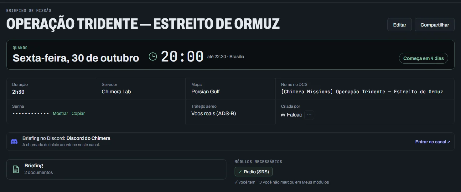 Card aberto de uma missão: título com Editar e Compartilhar, o quadro Quando com data, hora e "Começa em 7 dias", duração, servidor, mapa, nome no DCS, senha, quem criou, o canal do briefing no Discord, o briefing e os módulos necessários