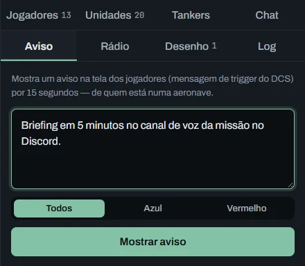 Aba Aviso: Todos, Vermelho ou Azul, o texto e Mostrar aviso