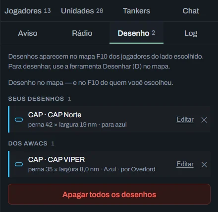 Aba Desenho: Seus desenhos com o CAP Norte para azul, Dos AWACS com o CAP VIPER, cada um com Editar e ✕, e Apagar todos os desenhos