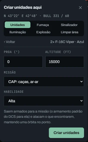 Segunda página do formulário: proa, altitude, missão CAP, habilidade e Criar