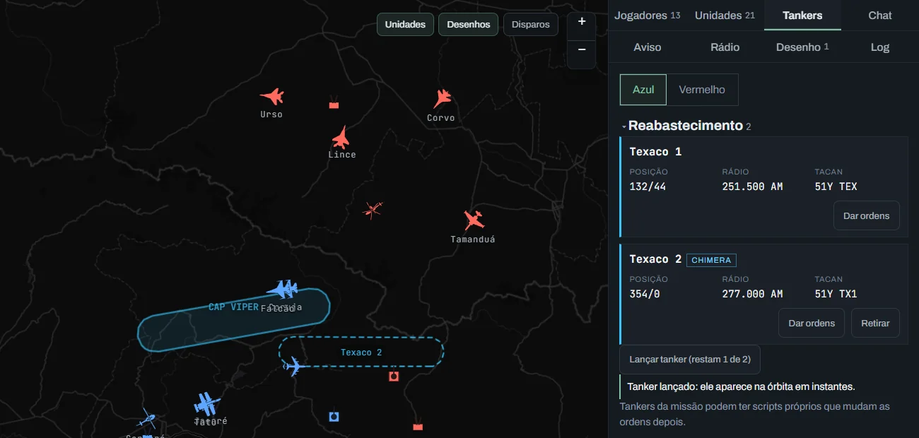 Aba Tankers: lado Azul, o tanker Texaco 1 com posição, rádio 277.000 AM e TACAN 51Y, Dar ordens, Retirar e Lançar tanker; no mapa, o hipódromo dele