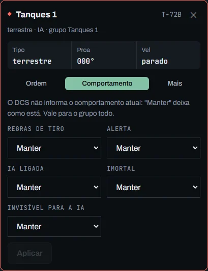 Aba Comportamento de um tanque: regras de tiro, alerta, IA ligada, imortal e invisível para a IA, cada um em Manter