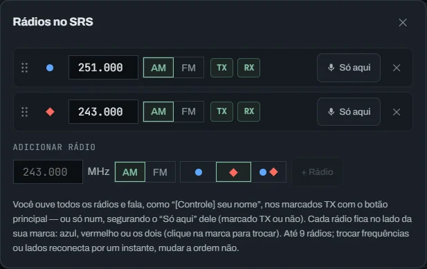Rádios no SRS: um rádio azul em 251.000 AM e um vermelho em 243.000 AM, cada um com o lado, a frequência, AM ou FM, TX, RX, Só aqui e remover; embaixo, Adicionar um rádio com a frequência, a modulação e o lado