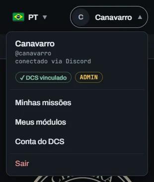 O menu da conta, aberto no canto do site: o seu nome, se o DCS está vinculado, e Minhas missões, Meus módulos, Conta do DCS e Sair