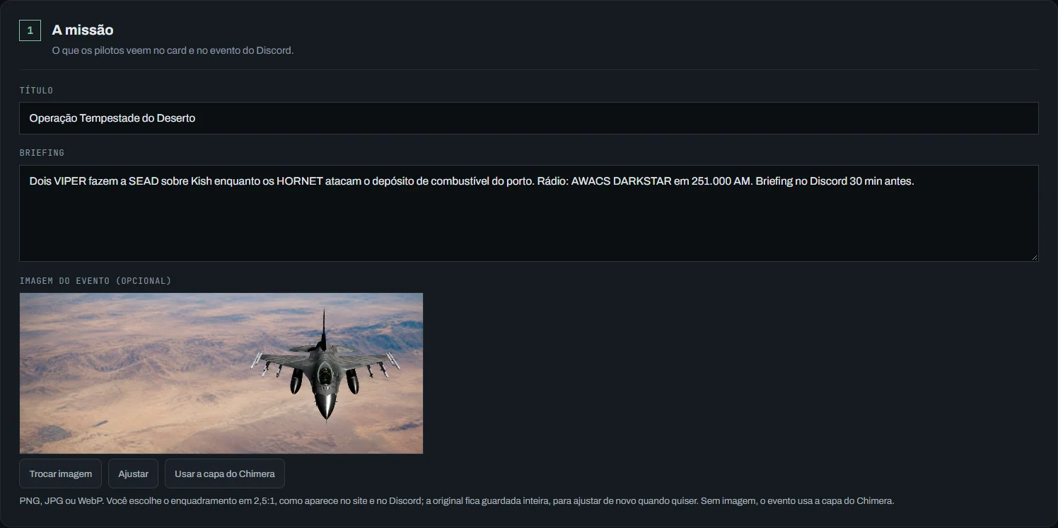 Seção 1 do formulário: título, briefing e a imagem do evento com Trocar imagem, Ajustar e Usar a capa do Chimera