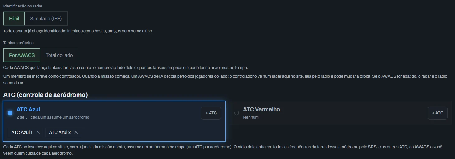 ATC (controle de aeródromo): ATC Azul aceso com ATC Azul 1 e ATC Azul 2, e + ATC em cada lado