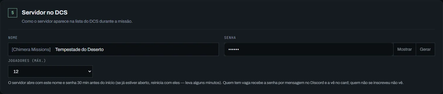Seção 5: nome "[Chimera Missions] Tempestade do Deserto", senha com Mostrar e jogadores (máx.) 12