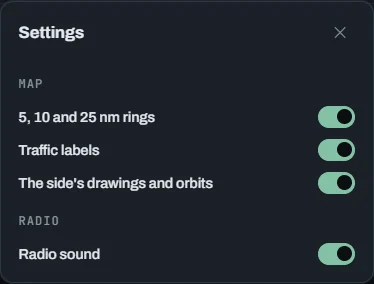 ATC settings: 5, 10 and 25 nm rings, traffic labels, side drawings and orbits, and radio sound