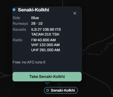 Senaki-Kolkhi balloon: Blue side, runways 28 and 10, ILS and TACAN, FM, VHF and UHF radio, "Free: no ATC looks after it" and Take Senaki-Kolkhi