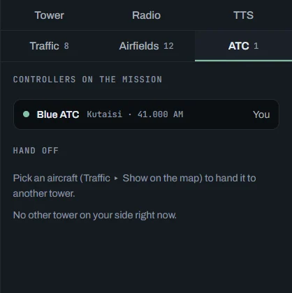 ATC tab: the controllers on the mission — the Blue ATC at Kutaisi (you), with its frequencies — and Hand off