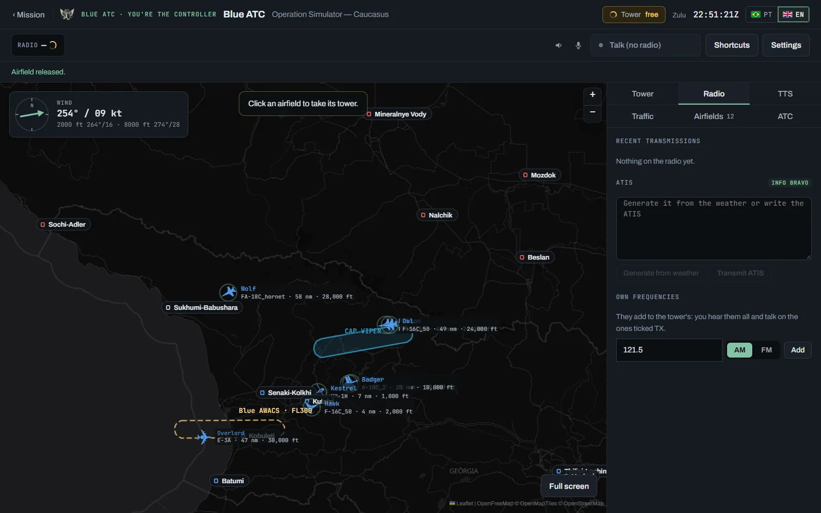 ATC page with no tower: the map with the mission's airfields and "Click an airfield to take the tower", the wind, the radio with no tower and the panel