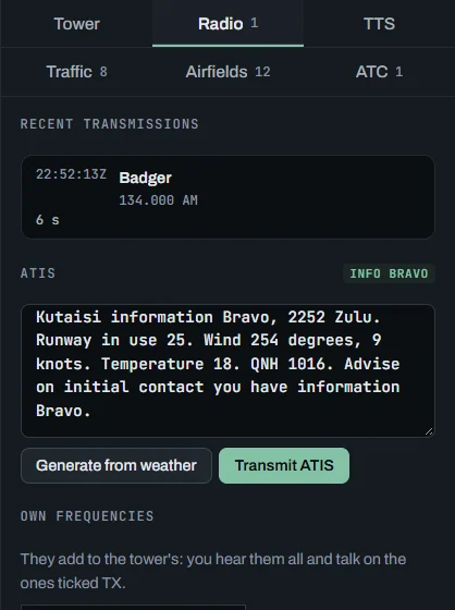 Radio tab: Recent transmissions with a pilot's call to the tower, the ATIS generated from the weather with Generate from weather and Transmit ATIS, and Own frequencies