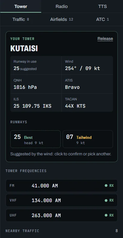 Tower tab: Your tower Kutaisi with runway 25 suggested, wind, QNH, ATIS, ILS and TACAN; runways 25 (Best) and 07 (Tailwind); the tower frequencies and the nearby traffic