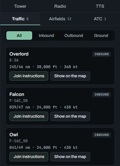 Traffic tab: the inbound aircraft, each with radial, distance, altitude and speed, the clearance for its phase (like Join instructions) and Show on map