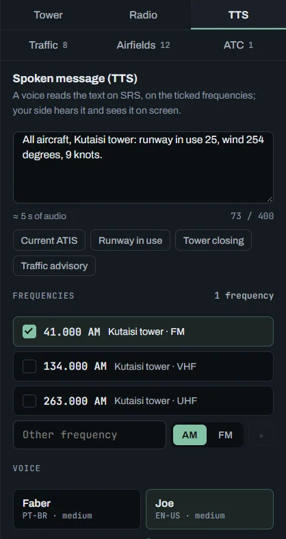 TTS tab: the text filled by Runway in use, the Current ATIS, Runway in use, Tower closing and Traffic advisory shortcuts, the tower frequency ticked, another frequency and the voice