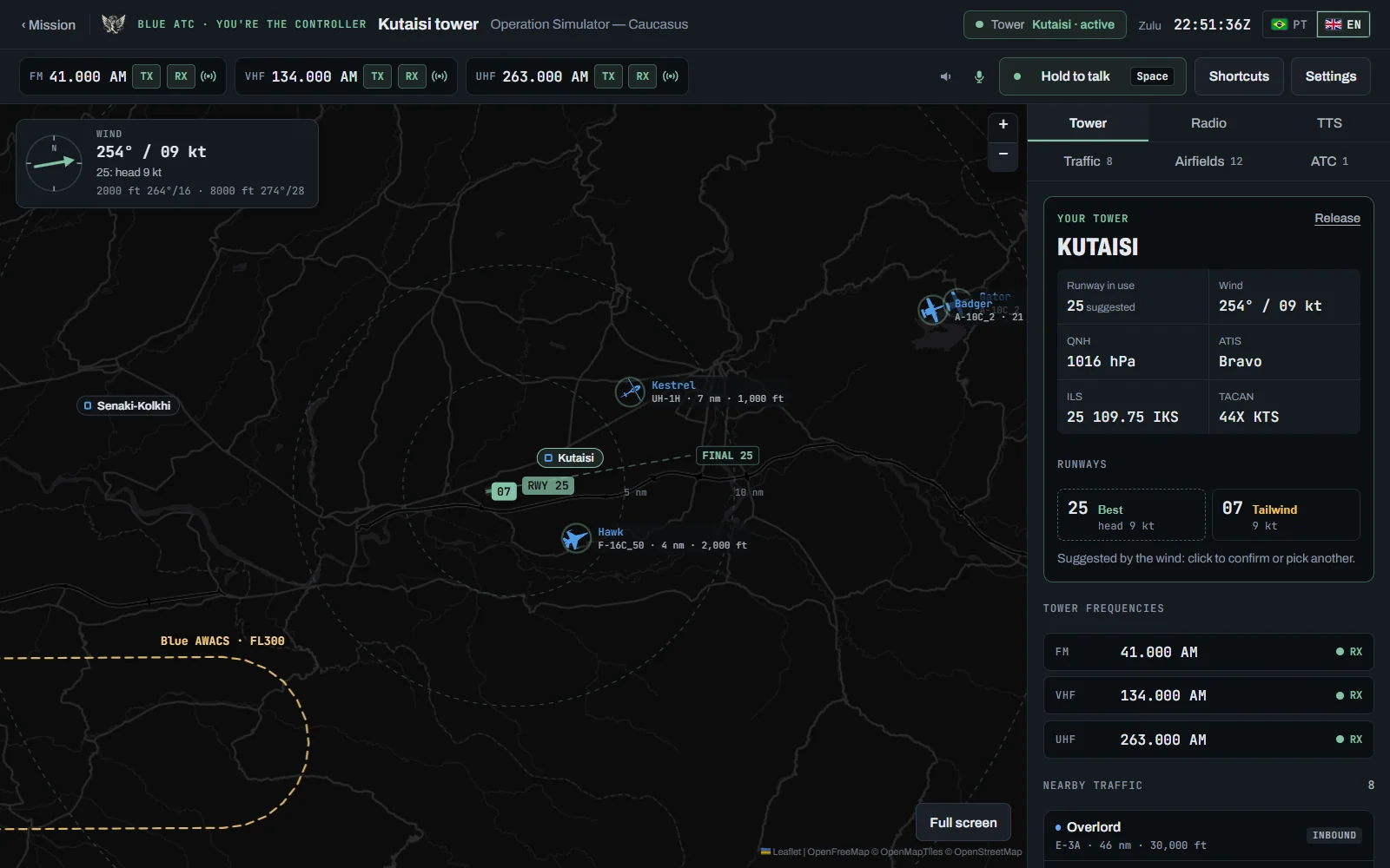 Kutaisi tower active: the tower's FM, VHF and UHF frequencies on the air, the wind, the map with runway 25 and its final, the 5, 10 and 25 nm rings, the traffic nearby and the AWACS orbit; the Tower panel