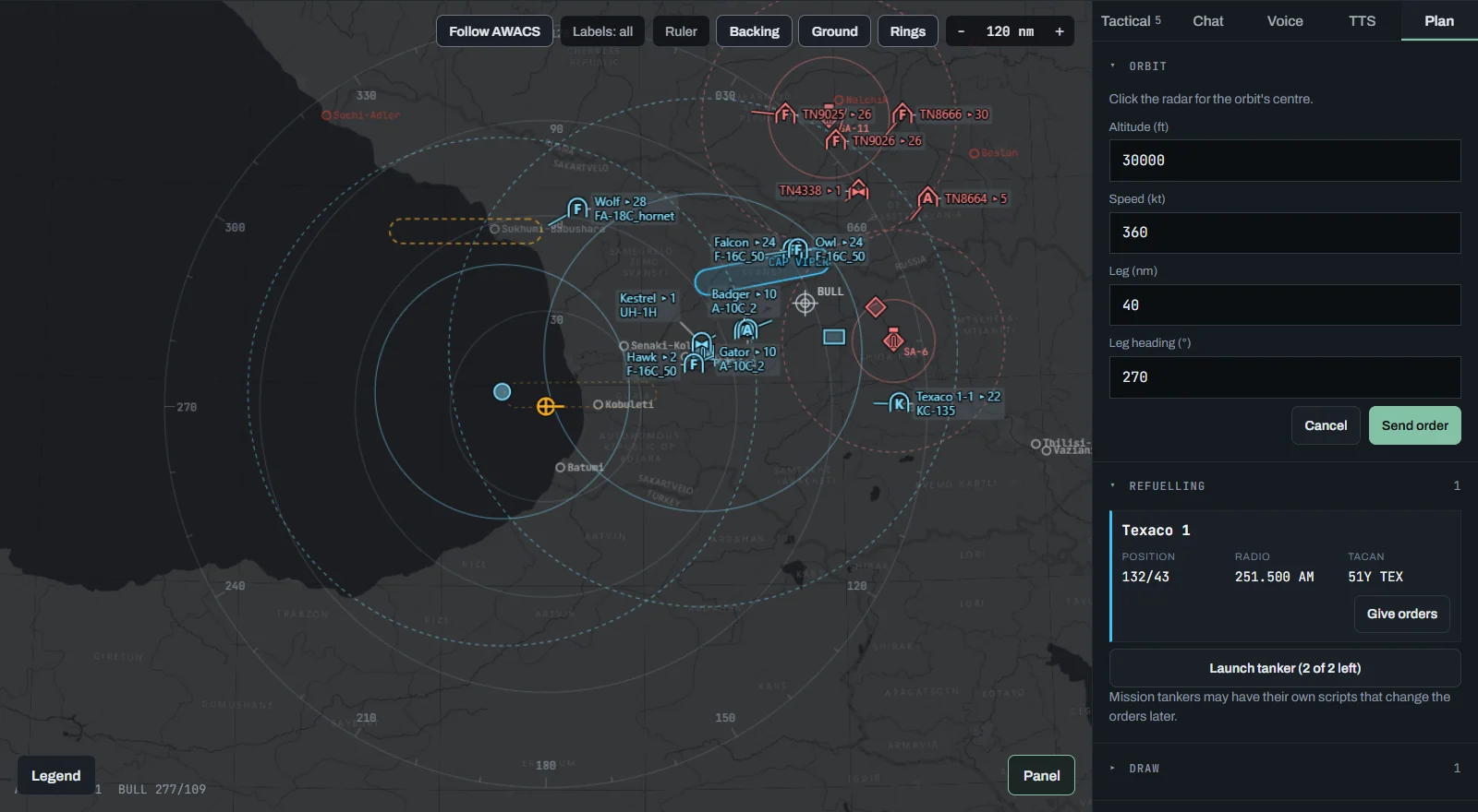 Orbit form and, on the radar, the new dashed orbit following the mouse with a cross at its centre
