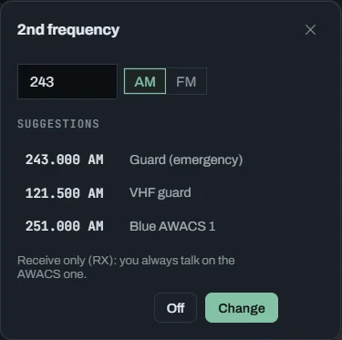 Second-frequency editor with 243 AM, the suggestions and the Listen and Off buttons
