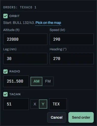 Orders for Texaco 1: orbit, radio and TACAN, each with its own box, Cancel and Send order