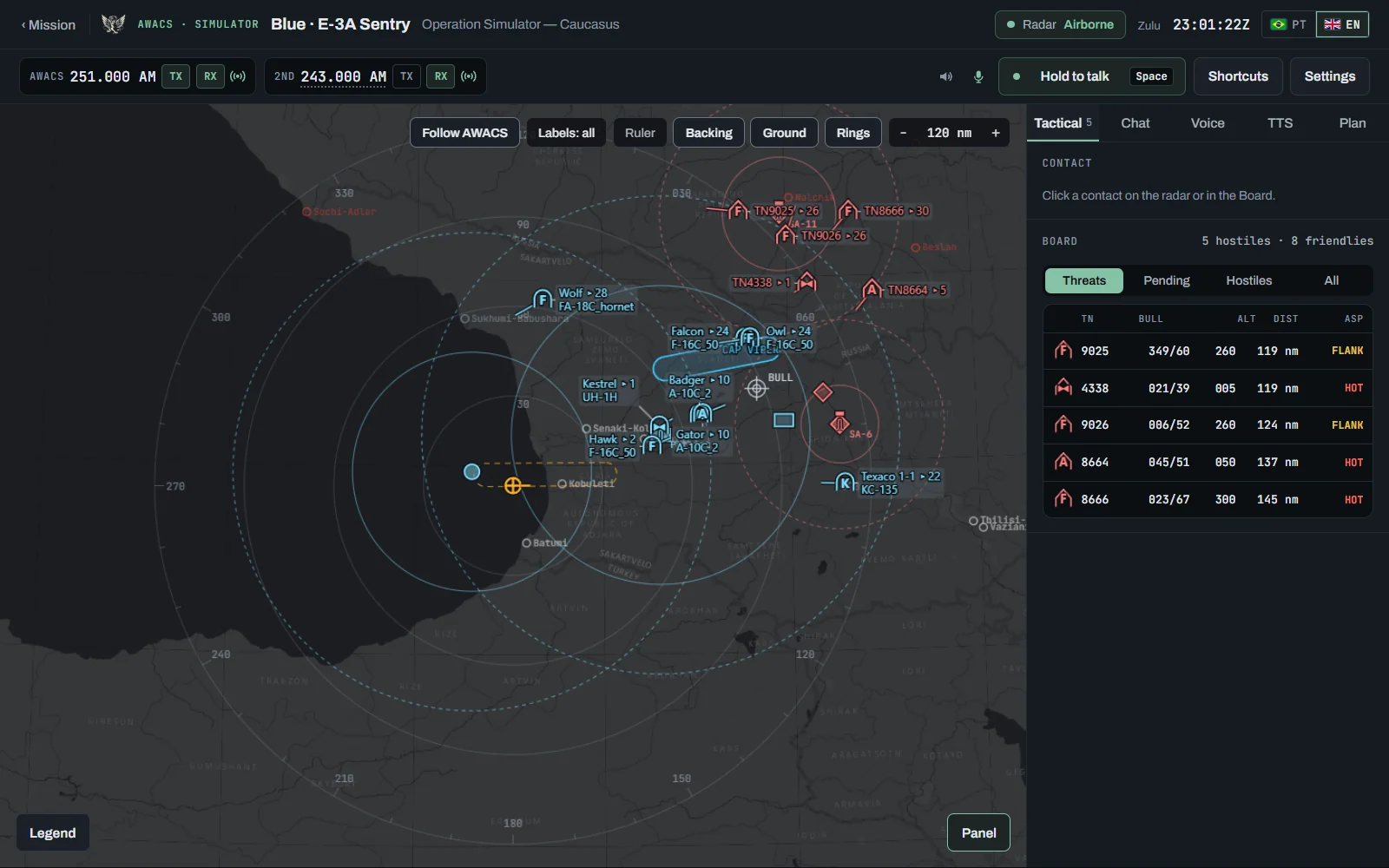 AWACS radar: the bar with the radar state, the Zulu clock and the PT | EN language; the radio with the AWACS frequency, the second frequency, the volume and microphone buttons, Hold to talk, Shortcuts and Settings; the radar with the contacts, the defences, the tanker and the drawings; the Tactical panel with the Contact and the Picture