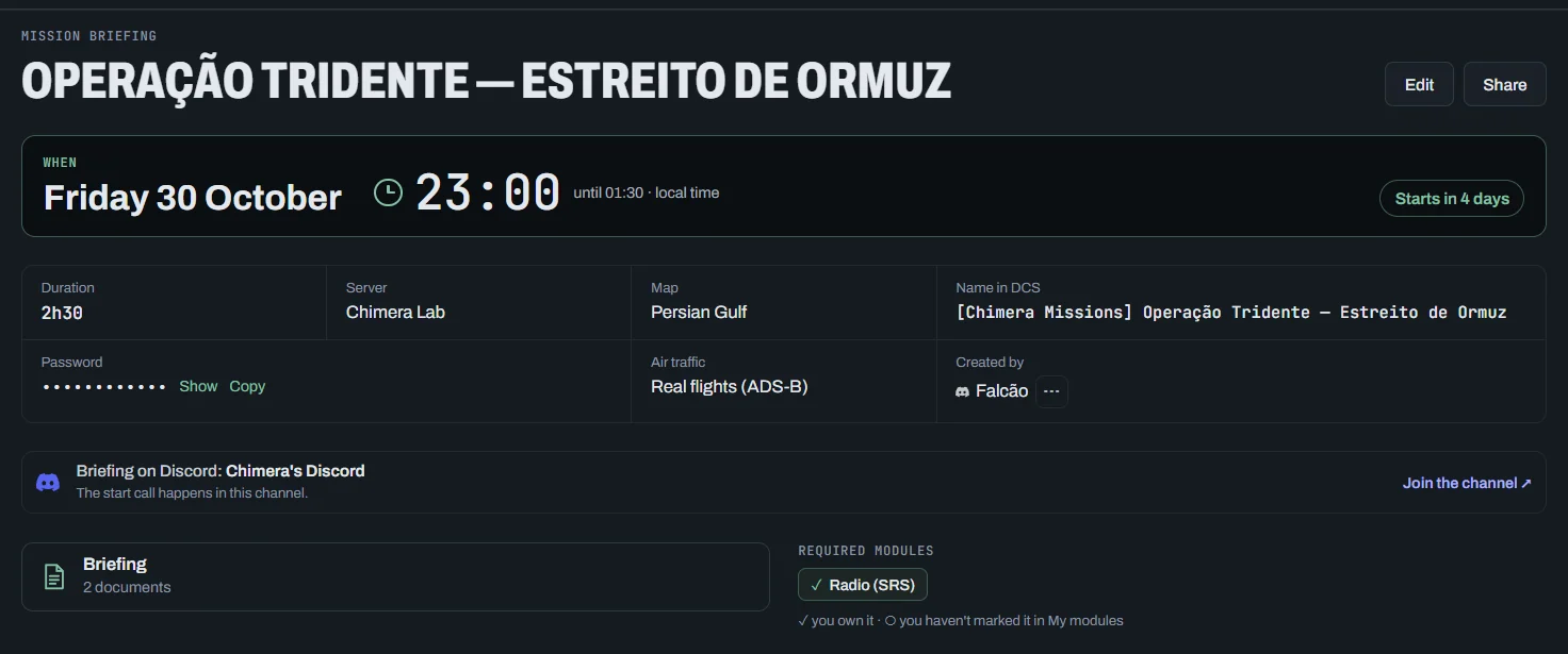 An open mission card: title with Edit and Share, the When box with date, time and "Starts in 7 days", duration, server, map, name in DCS, password, creator, the Discord briefing channel, the briefing and the required modules
