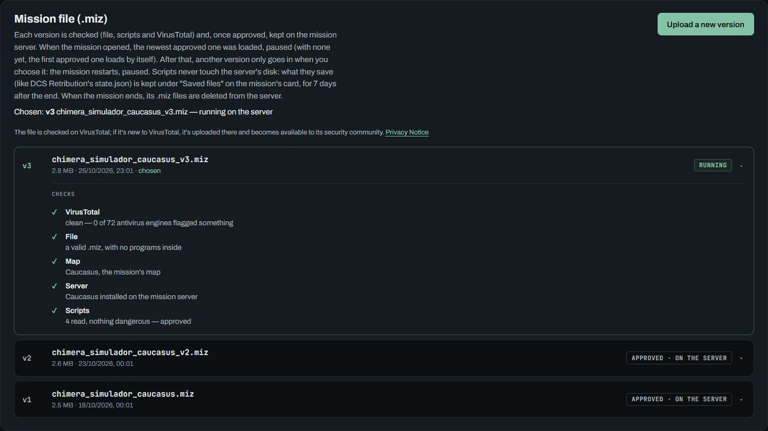 In the console, the mission file: version 3 running on the server, with VirusTotal, the archive, the map, the server and the scripts all approved; below, versions 2 and 1