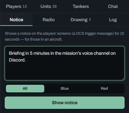 Notice tab: All, Red or Blue, the text and Show notice