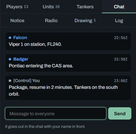 Chat tab: the pilots' and the creator's messages, the Message to everyone box and Send