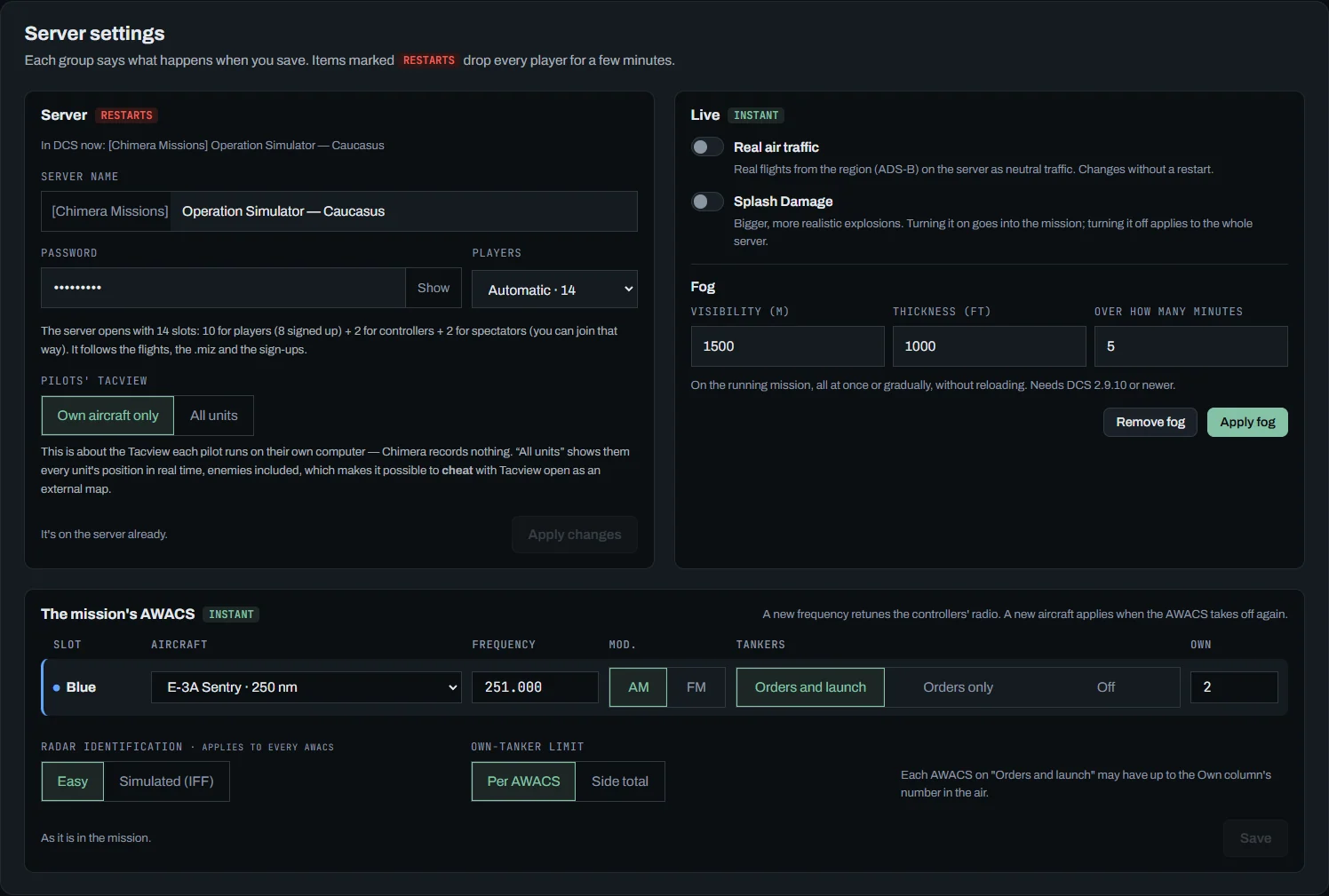 Server settings in the console: name, password, players and Tacview with Apply changes; real traffic, Splash Damage and fog; the mission's AWACS with aircraft, frequency and tankers, and identification