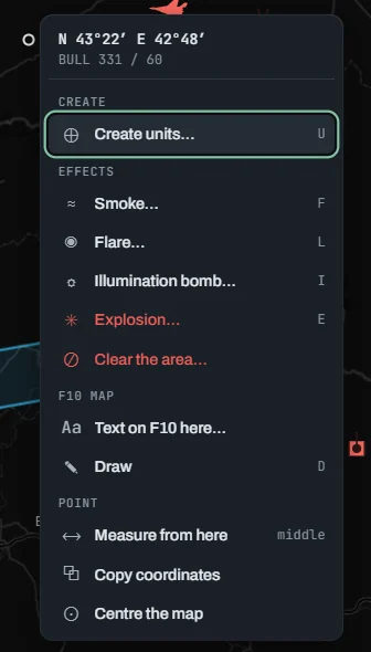 Right-click menu: the point's coordinates and bullseye; Create units; Smoke, Flare, Illumination bomb, Explosion and Clear the area; Text on F10 and Draw; Measure from here, Copy coordinates and Centre the map