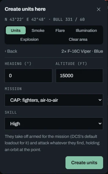 Second page of the form: heading, altitude, CAP task, skill and Create