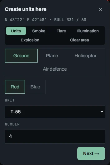 Create units form: the type (ground, aircraft, helicopter, air defence), the side and the unit
