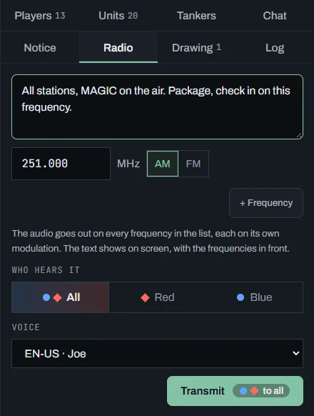 Radio tab: the text, frequency 251.000 AM, who hears it, the voice and Transmit
