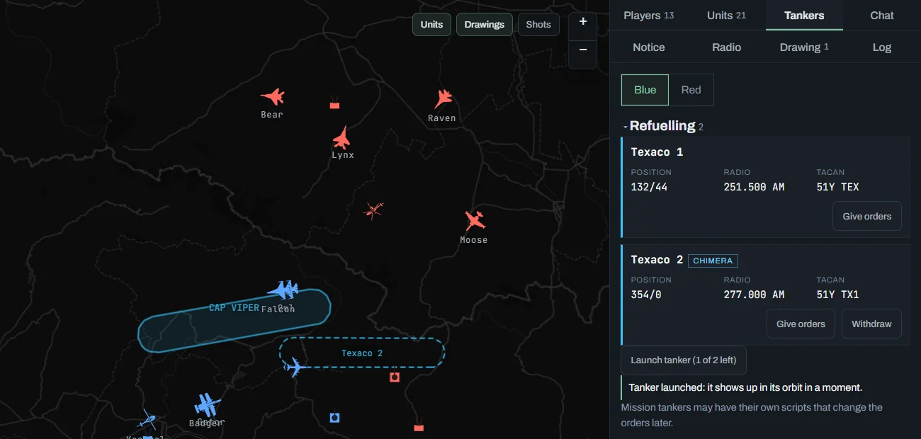 Tankers tab: Blue side, the Texaco 1 tanker with position, radio 277.000 AM and TACAN 51Y, Give orders, Retire and Launch tanker; on the map, its racetrack