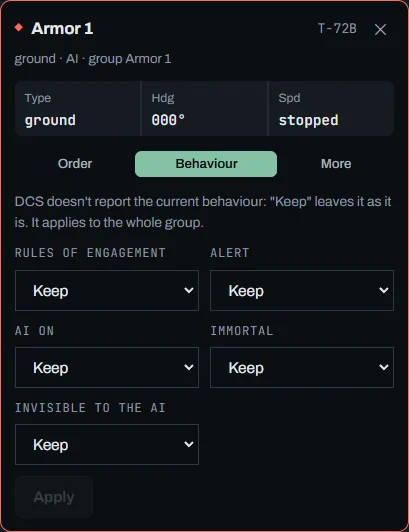 Behaviour tab of a tank: rules of engagement, alert, AI on, immortal and invisible to AI, each on Keep