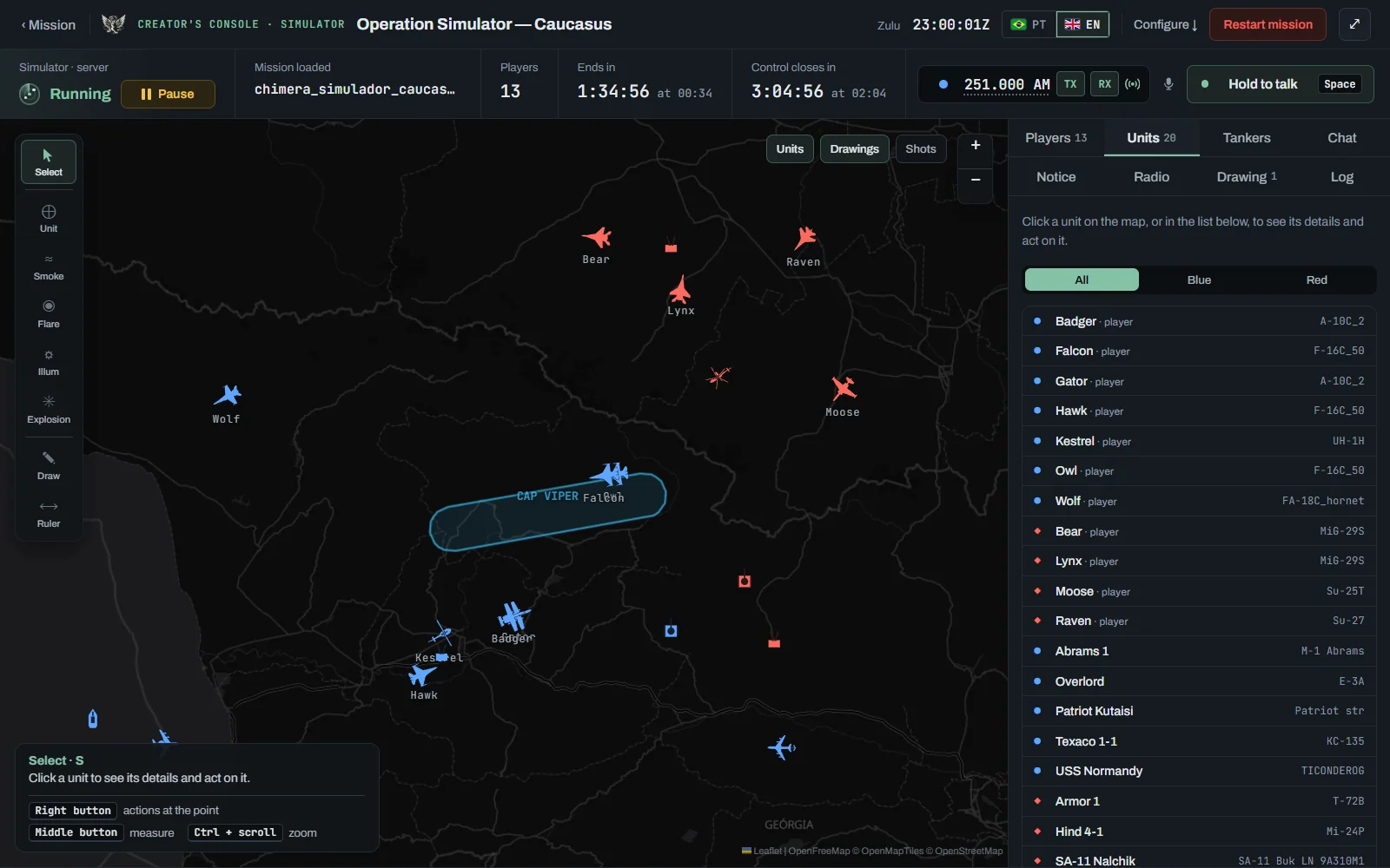 Creator console: the bar with Configure, Restart mission and full screen; the strip with the server state, the loaded mission, players, the clocks and the radio; the map with the tools on the left and the units; the panel with the Players, Units, Tankers, Chat, Notice, Radio, Drawing and Log tabs