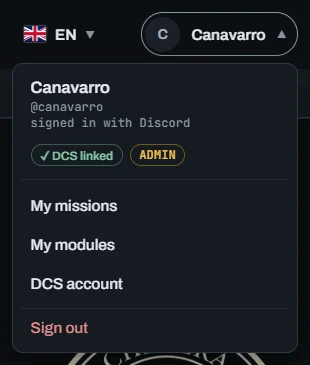 The account menu, open in the corner of the site: your name, whether DCS is linked, and My missions, My modules, DCS account and Sign out
