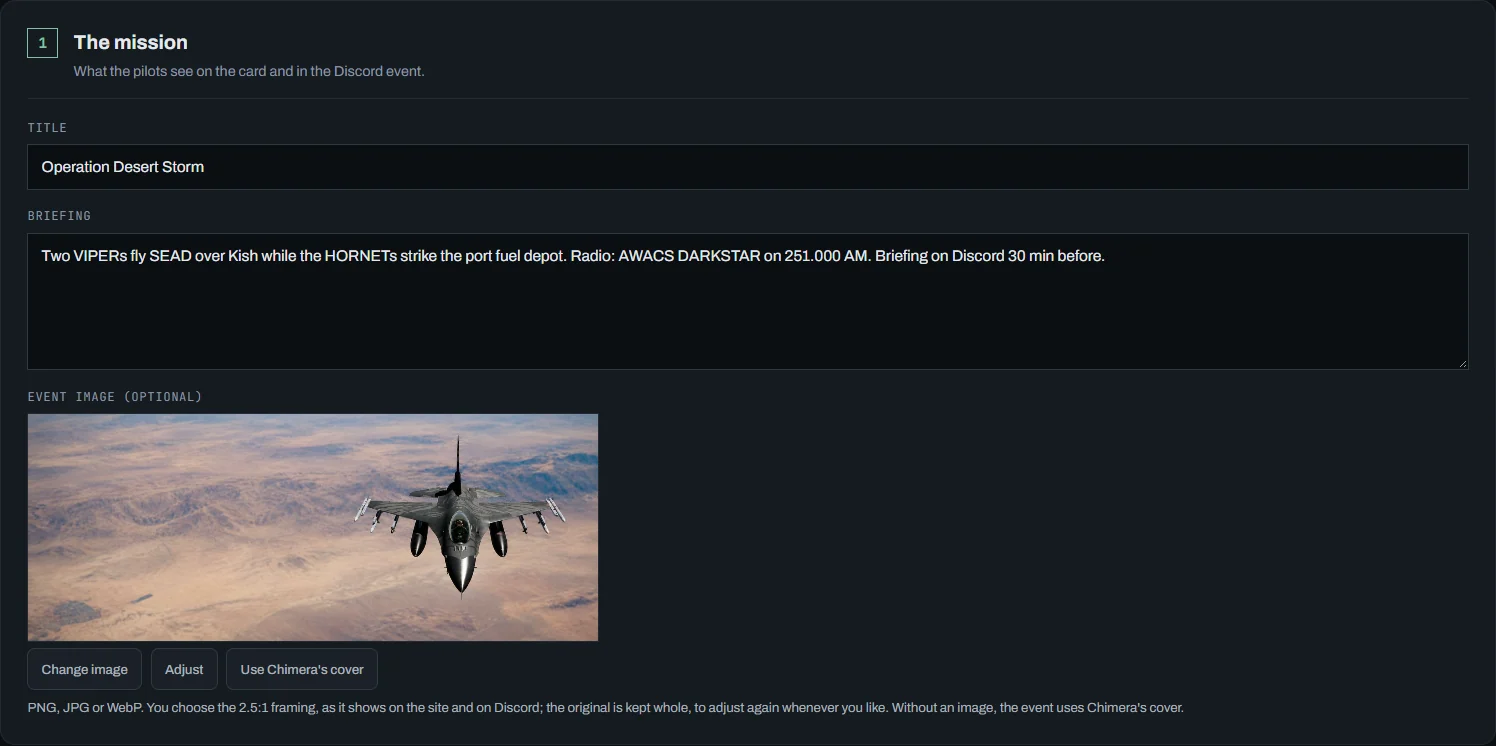 Section 1 of the form: title, briefing and the event image with Change image, Adjust and Use the Chimera cover