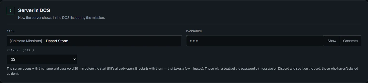 Section 5: name "[Chimera Missions] Tempestade do Deserto", password with Show and players (max.) 12